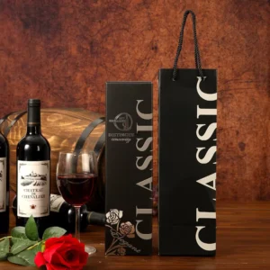 Recyclable Rigid Art Paper Cardboard Wine Box with Handle and Ribbon, Portable Display Gift Box