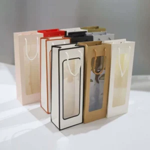 Recyclable Single Flower Design Wine Gift Bag with Clear Window and Kraft Paper Rope Handles