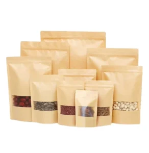 Recyclable Stand-Up Zip-Lock Kraft Paper Bags with Clear Window for Snacks, Candy, Cookies, Coffee, Tea, Fruit, and Dried Fruit