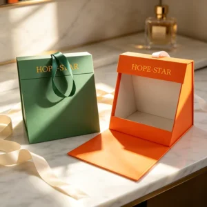 Recyclable White Cardboard Cosmetic Packaging Box Custom Logo Hot Stamping Matte Lamination Trapezoidal Box with Silk Ribbon