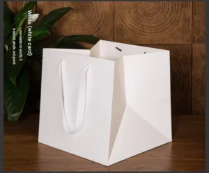 Recyclable White Cardstock Paper Bags with Custom Printed Logo and Ribbon Handle for Flowers and Takeout
