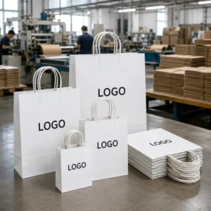 Recyclable White Kraft Paper Shopping Bags with Handles and Custom Logo Printing for Retail Packaging Factory Direct