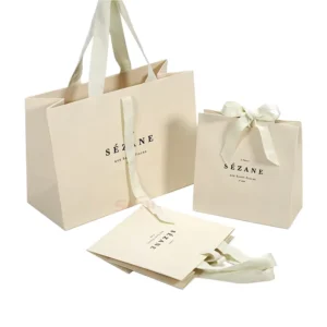 Recycled Biodegradable Handmade Cream Beige Kraft Paper Shopping Bag with Custom Logo, Ribbon Handle and Bow