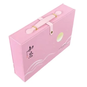 Recycled Paper Mooncake Packaging Box with Rigid Leather Handle, Matt Lamination and Embossing