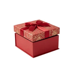 Red Square Gift Paper Box with Ribbon and Floral Print for Holiday Presents