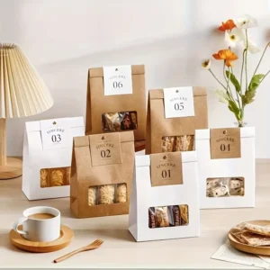 Resealable Recyclable Kraft Paper Pouch with Window and Adhesive Sticker for Coffee Beans, Nuts, Cookies, and Snacks
