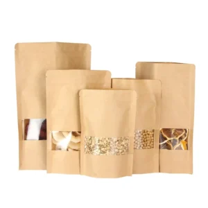 Resealable Recyclable Stand-Up Kraft Paper Food Pouch with Window and Zipper for Coffee and Tea