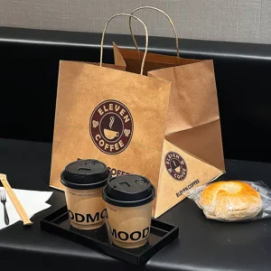 Restaurant Catering Food Take Out Takeaway to Go Packaging Custom Printed Your Own Logo Kraft Brown Paper Bag with Handles