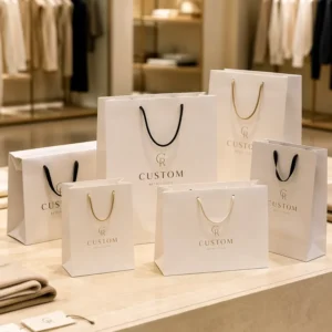 Retail White Card Paper Bags with Ribbon Handle Custom Printed Jewelry Store Packaging