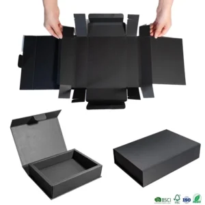 Reusable Black Rigid Collapsible Gift Box with Insert, Card Closure, and Matte Lamination