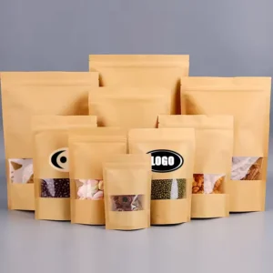 Reusable Food Packaging Bag Custom Logo Lamination Kraft Paper Stand Pouch With Zipper Top and Window