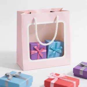Reusable White Card Paper Bag with Clear Window, PET Insert, Cotton Rope Handle, Offset Printing