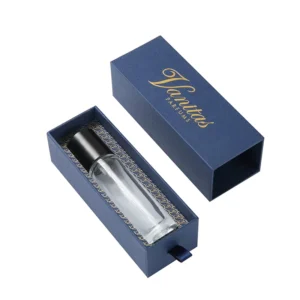 Ribbon Handle Drawer Textured Paper Gold Foil Embossed 10 mL Perfume Box with EVA Sponge Liner for Cosmetics and Skin Care