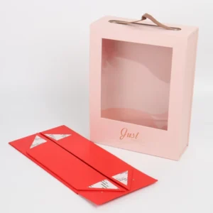 Rigid Paper Foldable Gift Box with PVC Clear Window, Ribbon Handle, Matte Lamination, UV Coating, Sponge Lining