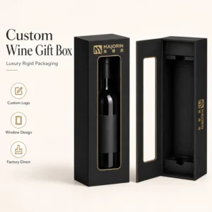 Rigid Rectangular Wine Packaging Box with Magnetic Closure, Window, and Gold Foil Logo