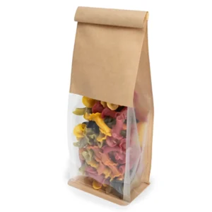 Roll-Edge Flat-Bottom Kraft Paper Bag with Window for Coffee Beans, Desserts and Grains