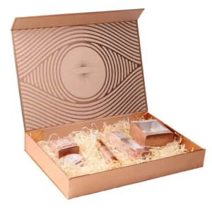 Rose Gold Magnetic Flip Rigid Cosmetic Gift Box with Embossed Inner Lid and Crinkle Paper