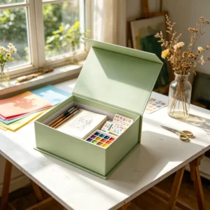 Sage Art Gift Box with Paintbrushes Sketchbook Stickers Watercolor Palette Easel Paper Present Set