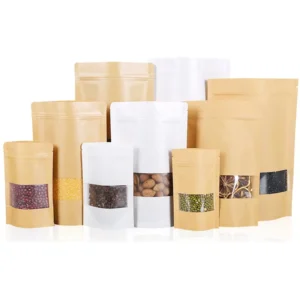 Self-Standing Self-Sealing Kraft Paper Bags with Window for Tea and Nuts Food Packaging
