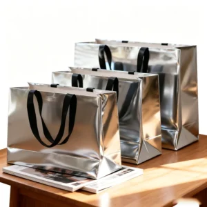 Shiny Metallic Silver Shopping Paper Bags with Reinforced Base and Thickened Cardboard for Cosmetics and Clothing