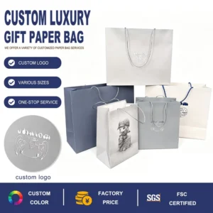 Silver Foil Logo White Card Gift Paper Bags With Rope Handles Custom Printed Luxury Shopping Packaging in Various Sizes
