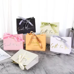 Small Recyclable Coated Paper Gift Bag with Cotton Rope Handle and Ribbon, Reusable