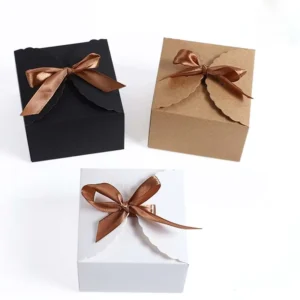 Square Folding Kraft, White, and Black Card Gift Boxes with Ribbon Bow
