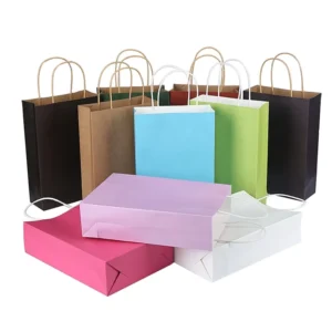 Square Luxury Laminated Recycled Kraft Paper Shopping Bag Candy Logo Printed Ribbon Handle Customized Supermarket Promotion