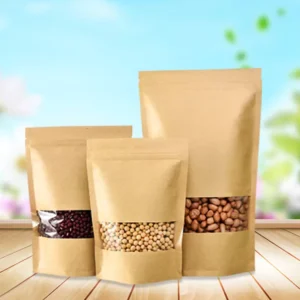 Stand-Up Kraft Paper Bag with Clear Window and Zipper for Flour, Nuts, Rice, Tea, and Spices, Customizable, Manufacturer