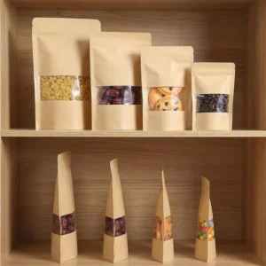 Stand-Up Kraft Paper Bags with Matte Window, Zipper Lock, Biodegradable, for Chewing Gum and Noodle Storage
