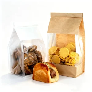 Stand-Up Kraft Paper Bags with Window for Cookies, Biscuits, Bread, Coffee, and Snacks