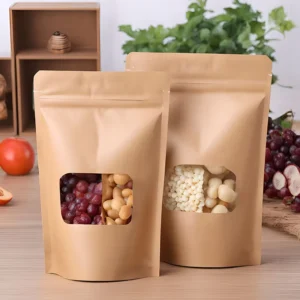 Stand up Customized Kraft Paper Resealable Food Storage Printing Packaging Pouches With Clear Window Kraft Paper Bag