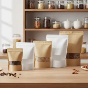 Stand up Eco friendly Brown White Kraft Paper Bag Zipper Coffee Packaging Nuts Pouch Reusable Food Storage Bag with Window