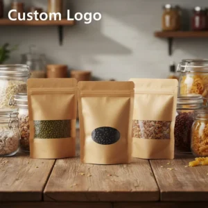 Stand up Pouches Custom logo Nuts Snacks Packaging Resealable Kraft Paper Food Bags with Clear Window