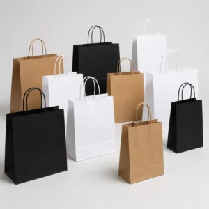 Stock White Brown Black Handle Shopping Recycled Food Take Away Bags Die Cut Handle Shopping Kraft Paper Bag with logo