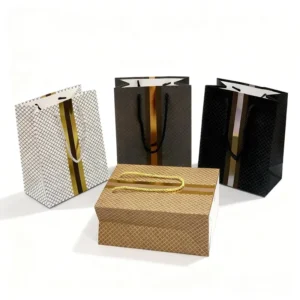 Stripe-Printed White Card Paper Gift Bags with Gold Stamping Reusable Shopping Bags