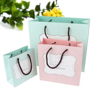 Striped White Card Paper Tote Bags with Offset Printing, Biodegradable, Recyclable, for Boutique, Cosmetic, and Small Gift Packaging