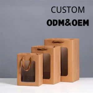 Supplier Custom Printed Logo Craft Shop Paper Bag Luxury Kraft Cardboard Packing Paper Merchandise Bag With Window For Shopping