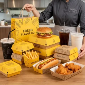 Supply Custom Logo Kraft Paper Restaurant Food Delivery Takeaway Burger Coffee Bakery Packaging Set Bag