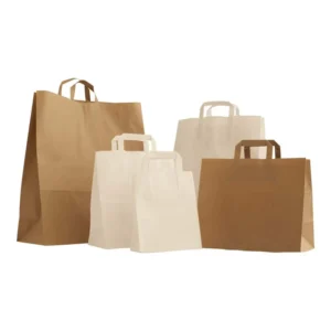 Takeaway Folded Brown Kraft Paper Carrier Bags With Outside Flat Handles