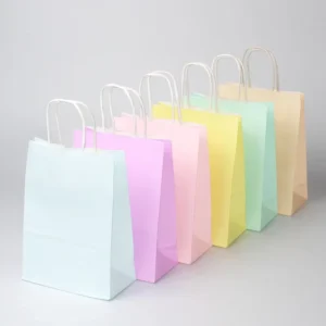 Takeaway Paper Bag Blue Pink Pastel Bags Candy Colour Kraft Paper Bags with Handles for Take Out Cafe with Custom Printed logo