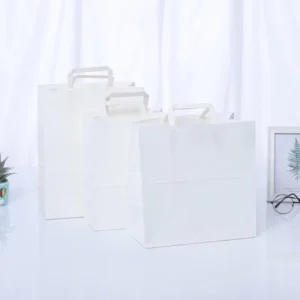 Takeaway Paper Bags with Flat Paper Handle White Kraft Paper Bag