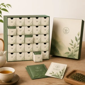 Tea Tasting Calendar Blind Box with Sachets Daily Slots Leaf Artwork and Gift Box Compartments