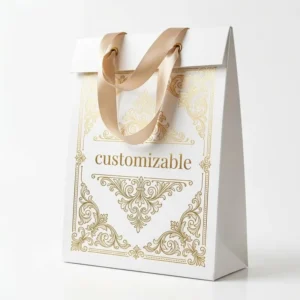 Thick Matte White Card Shopping Bag with Gold Hot-Stamped Custom Logo and Paper Rope Handle for Silk Dress Packaging