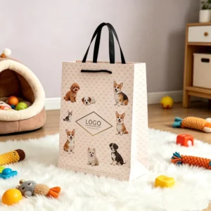 Thick White Card Paper Bags with Handles and Recyclable Pet Product Packaging