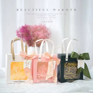 Transparent Window Art Paper Gift Shopping Bag with Silk Ribbon Handles