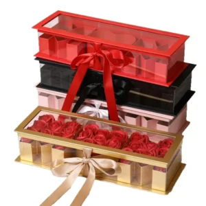 Transparent Window Flower Gift Paper Box with Handle, Gold-Stamped Hollow Design for Mother’s Day and Valentine’s Day