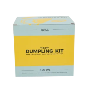 Two-Tone Light Blue and Yellow Tuck Carton Box, Custom Graphic Print, DIY Dumpling Maker Tool Kit Packaging
