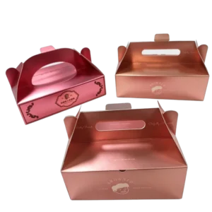UV Color Printing High end Luxury Packaging Gold Foil Stamping Effect Bakery Box Gold Art Cardboard Box for Pastry With Handle