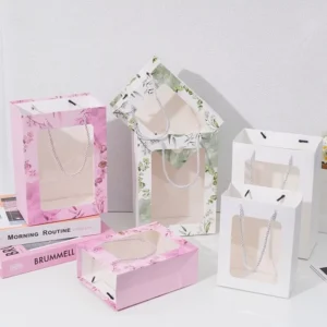 Valentines Day Transparent Window Paper Bag White Cardboard Gift Packaging Paper Bag With Clear Window